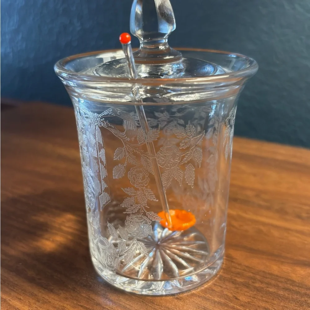 Vintage Etched Glass Honey Marmalade Jar w/ Lid and Dipper